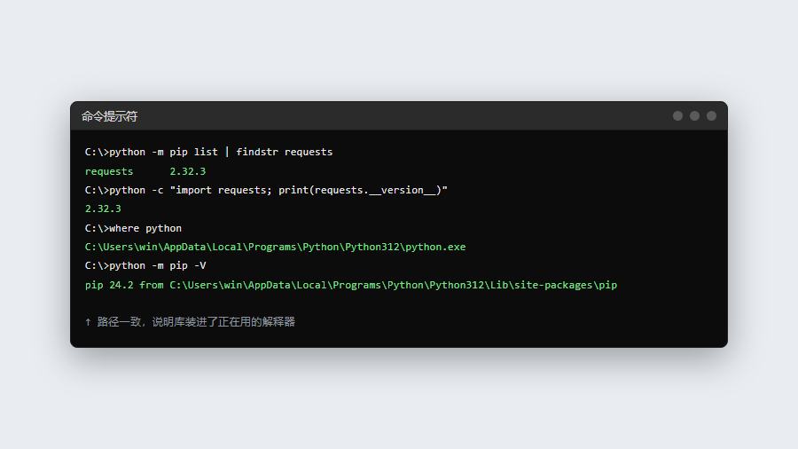 win11用pip list和where命令核对库是否装进当前Python解释器