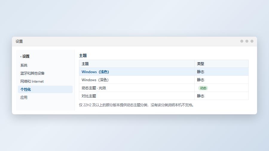 win11个性化主题页面中的动态主题分类