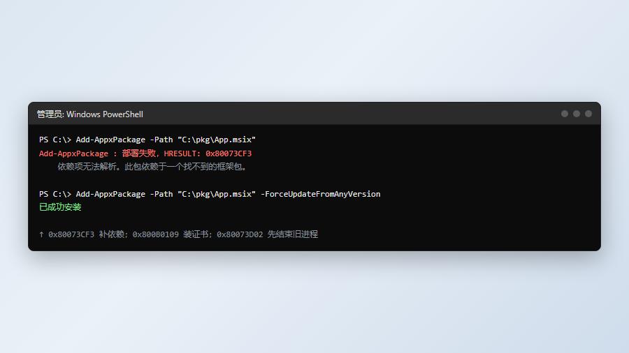 PowerShell用ForceUpdateFromAnyVersion参数强制覆盖安装应用包