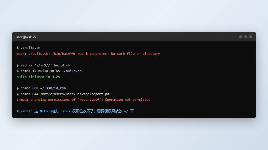 处理 WSL 文件权限、换行符与路径大小写问题