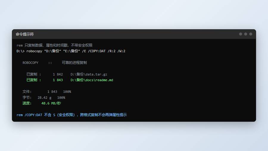 用 robocopy 只复制数据与时间戳，跳过安全权限
